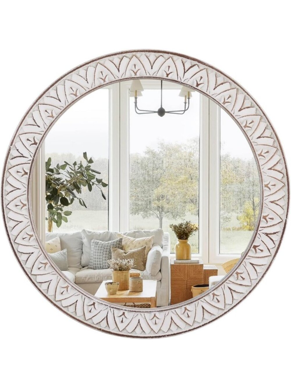 20" Round Rustic Wooden Frame Mirror - Distressed Wall Decor for Bathroom